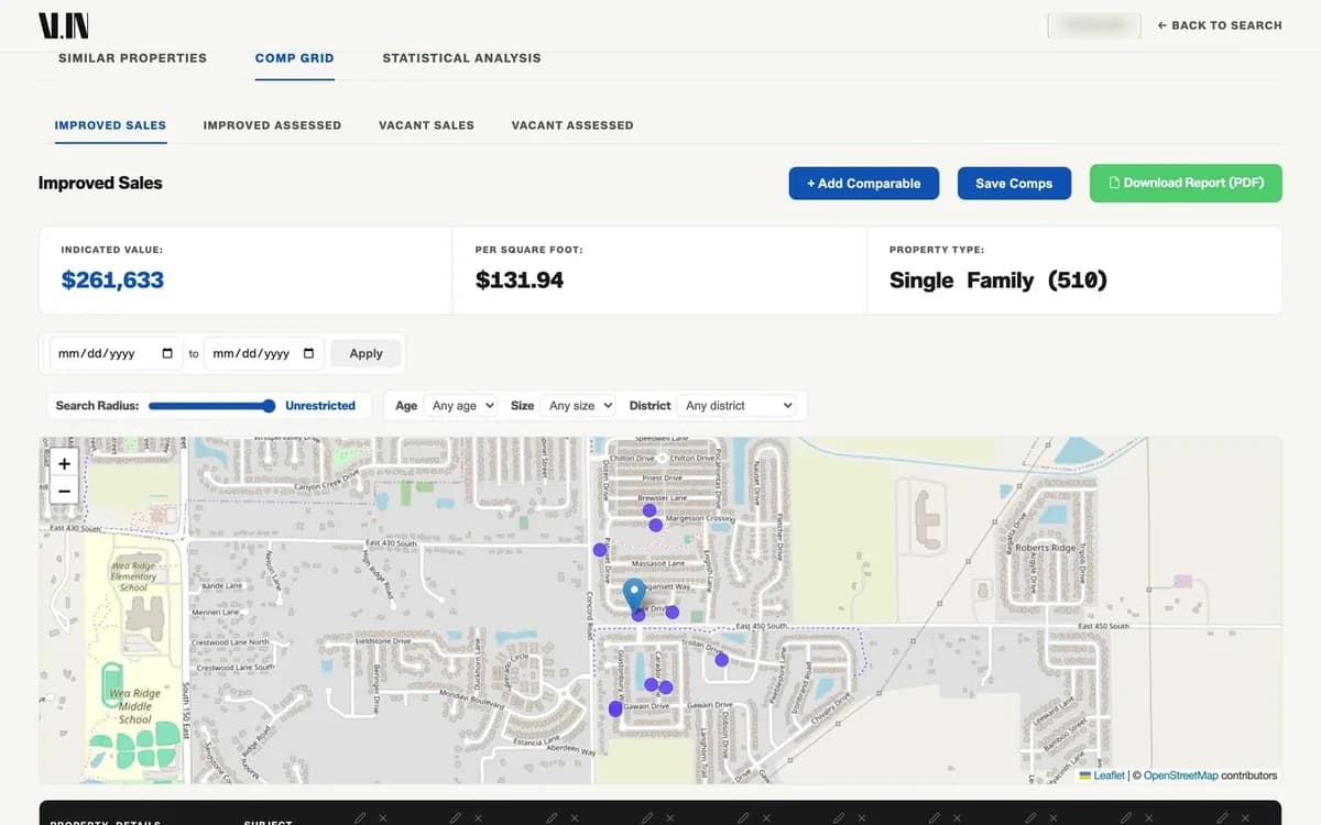 ValueIndiana: Comp grid — indicated value, filters, and the subject against every comparable