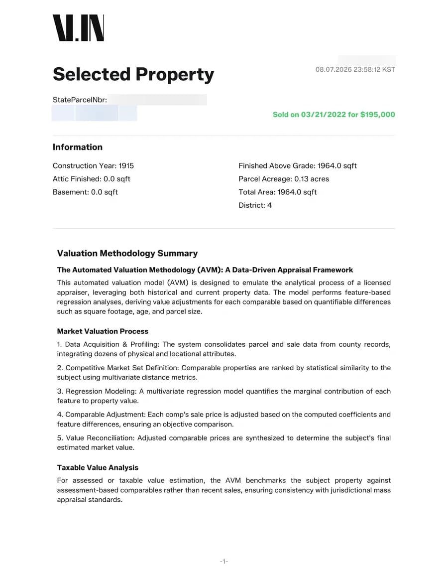 ValueIndiana report: Cover — subject facts and the sale on record