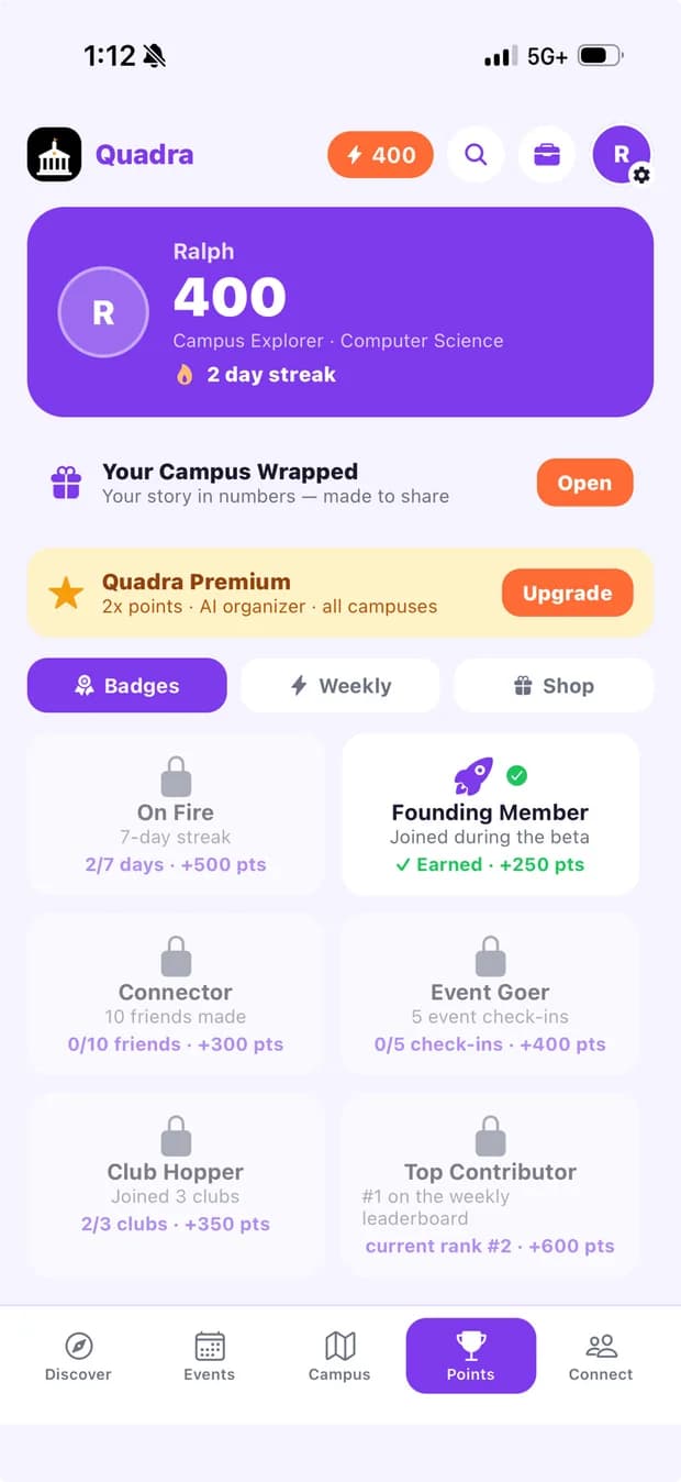 Quadra: Points and badges